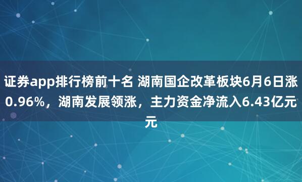 证券app排行榜前十名 湖南国企改革板块6月6日涨0.96%，湖南发展领涨，主力资金净流入6.43亿元